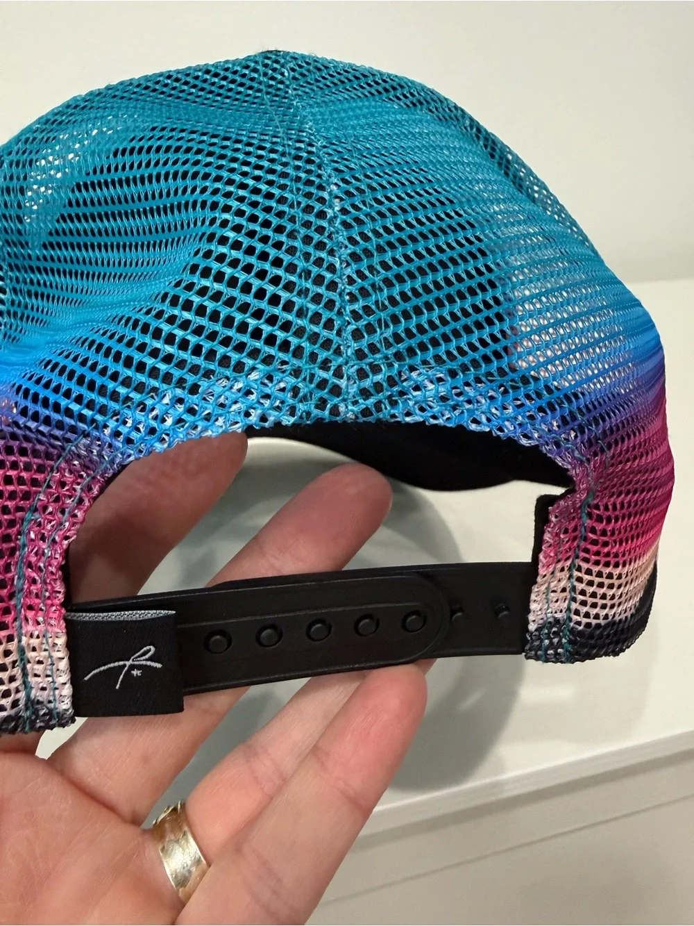 Black Trucker Hat with Mountain & Trees Embroidery and Colorful Mesh; worn 1x.